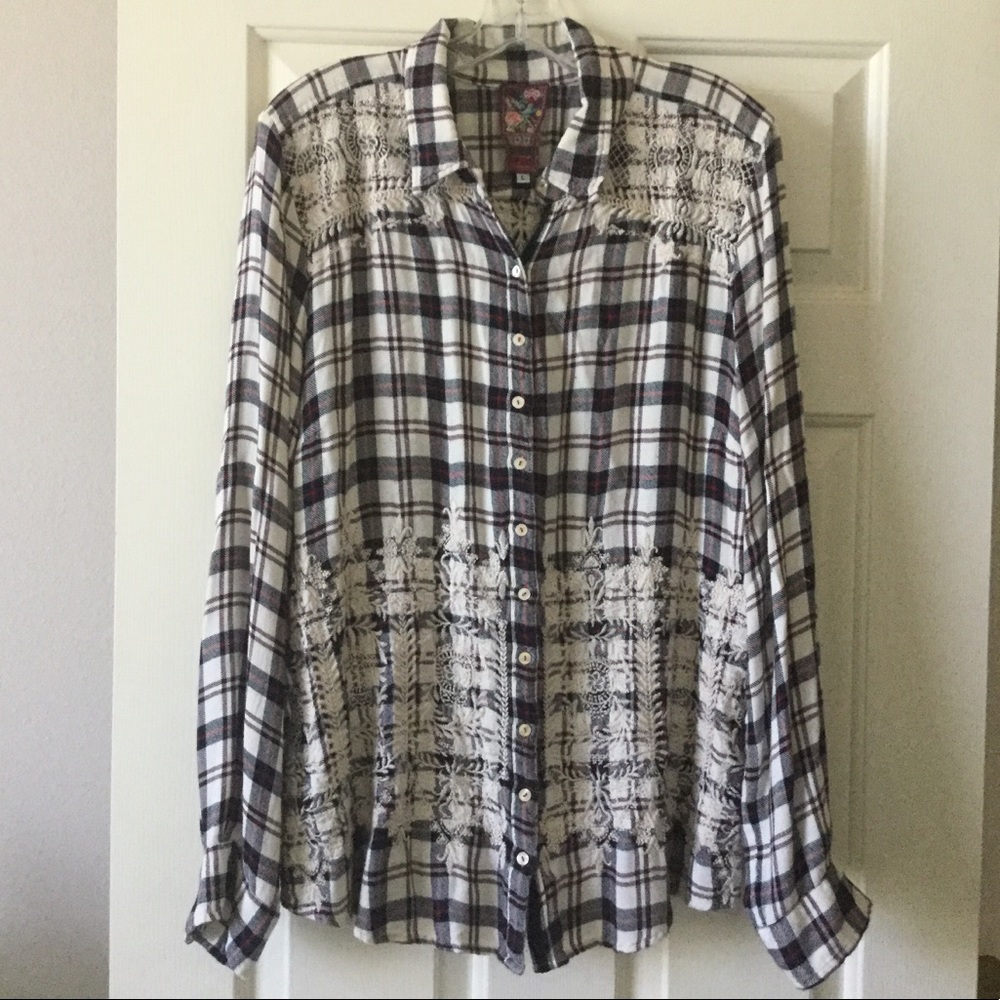 Johnny Was Black and White Plaid Button Down Shirt